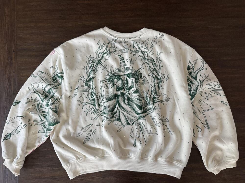 Wicked Katie Kime Sweatshirt Womens XL Rhinestone Crewneck Graphic Witch Cream